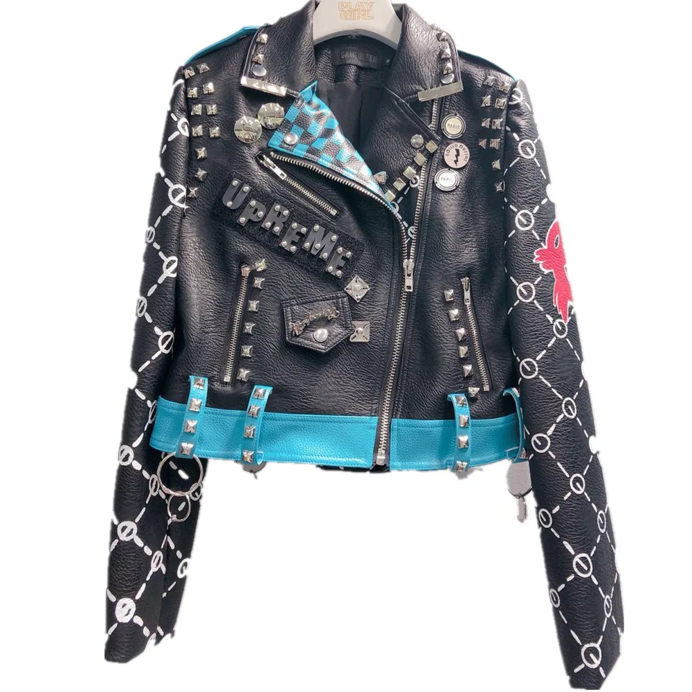 

Letters graffiti Thailand rivet beading leather jacket female graffiti embroidery cartton locomotive Pu leather jacket wq828