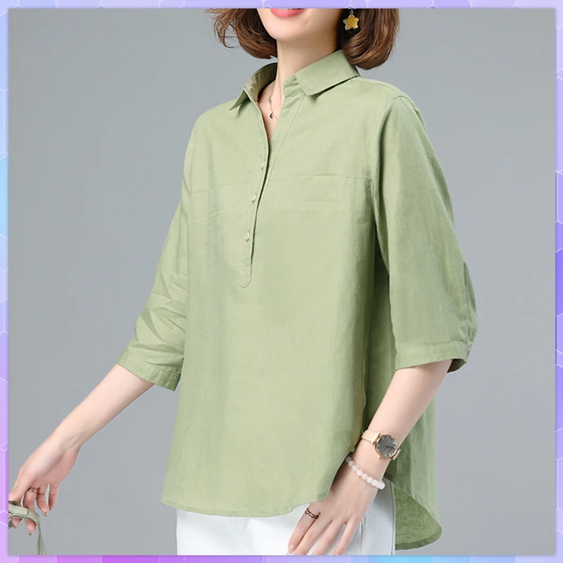 Cotton Linen Shirt T-shirts Women Short Sleeve 2021 Summer French Linen Tee Shirt Three  Quarter Sleeve Thin Top Casual Tshirt