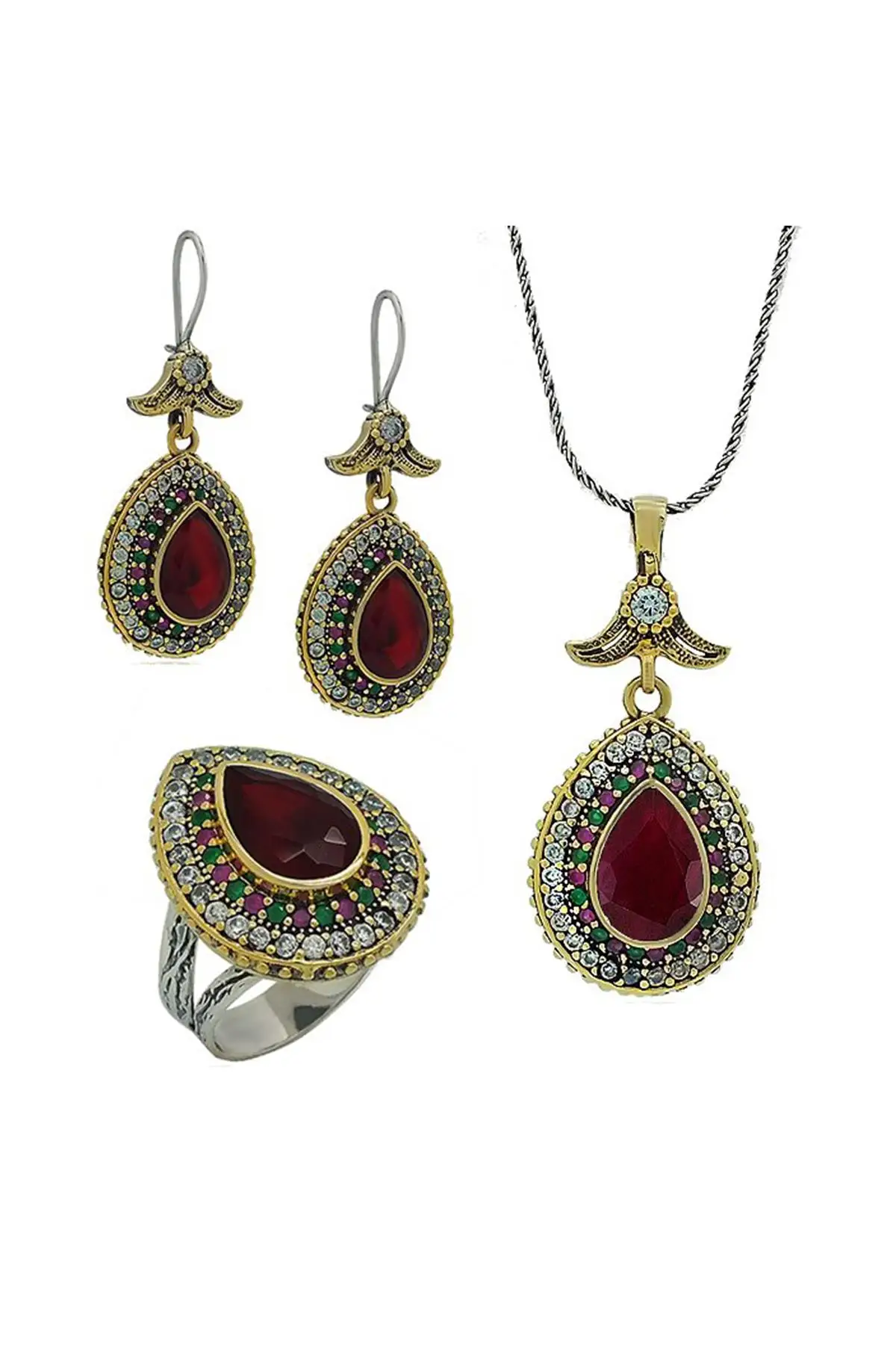 Ruby Gemstone Hurrem Sultan Set Drop Silver Xюррем Triple Female Jewelry Sultan Ottoman Luxury Hand Handwork Jewelry