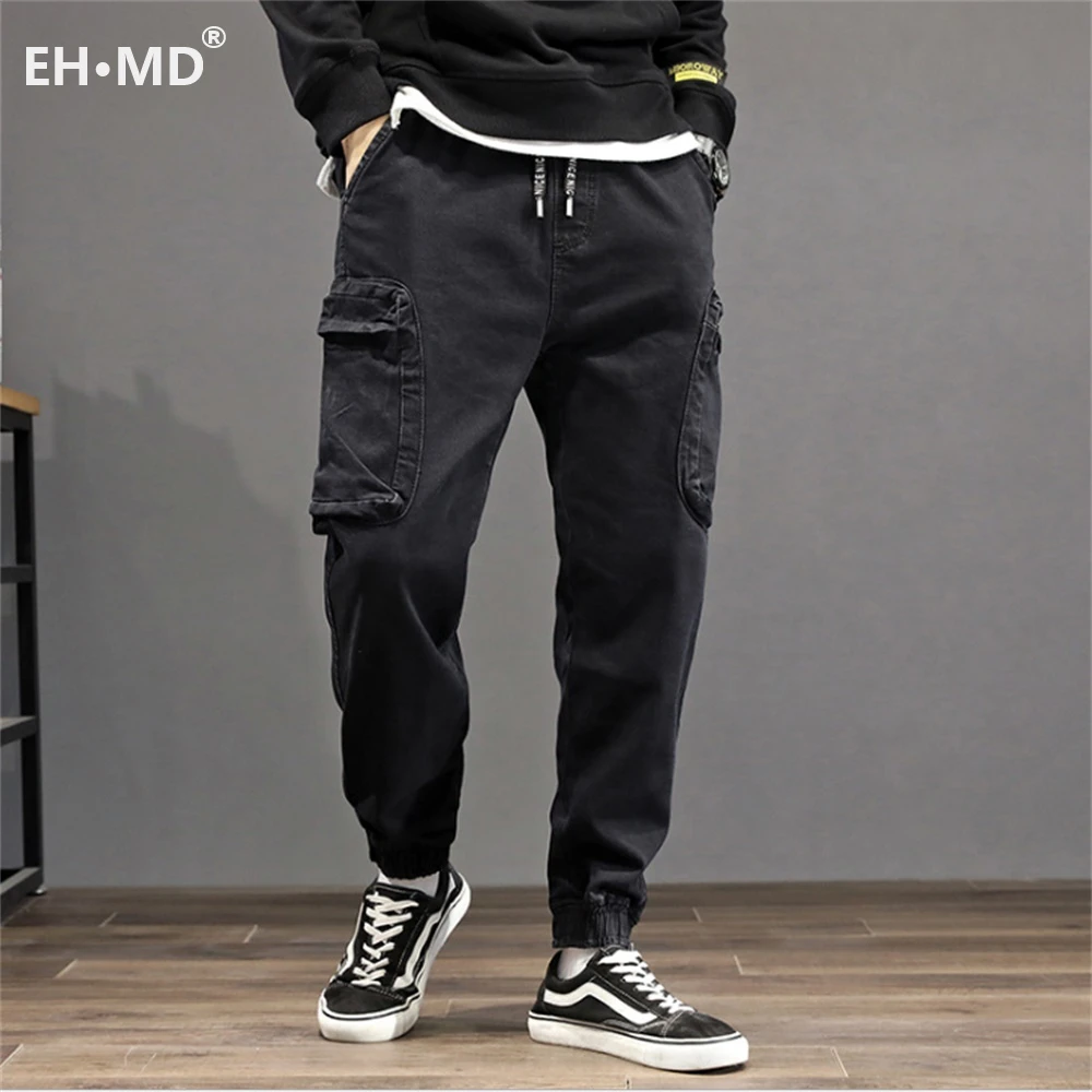 EH · MD® Men's Elastic Waist Loose Harem Jeans Youth Multi-Pouch Bottoms Workwear Casual Pants Elastic Band Leggings Large Size