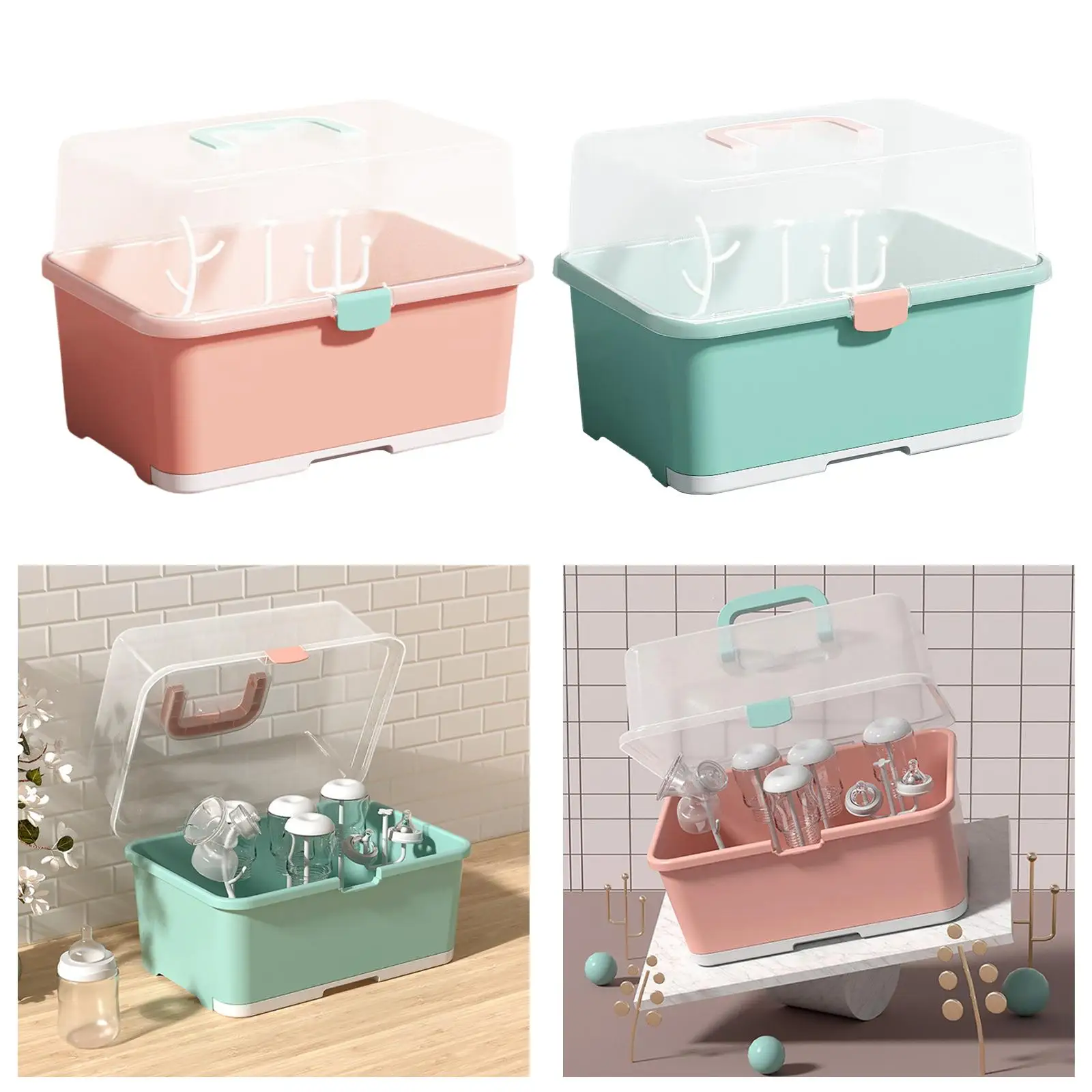 Portable Baby Bottle Drying Rack with Drainer Dust-Proof Nursing Bottle Storage Box Countertop Dryer for Countertop Travel Home