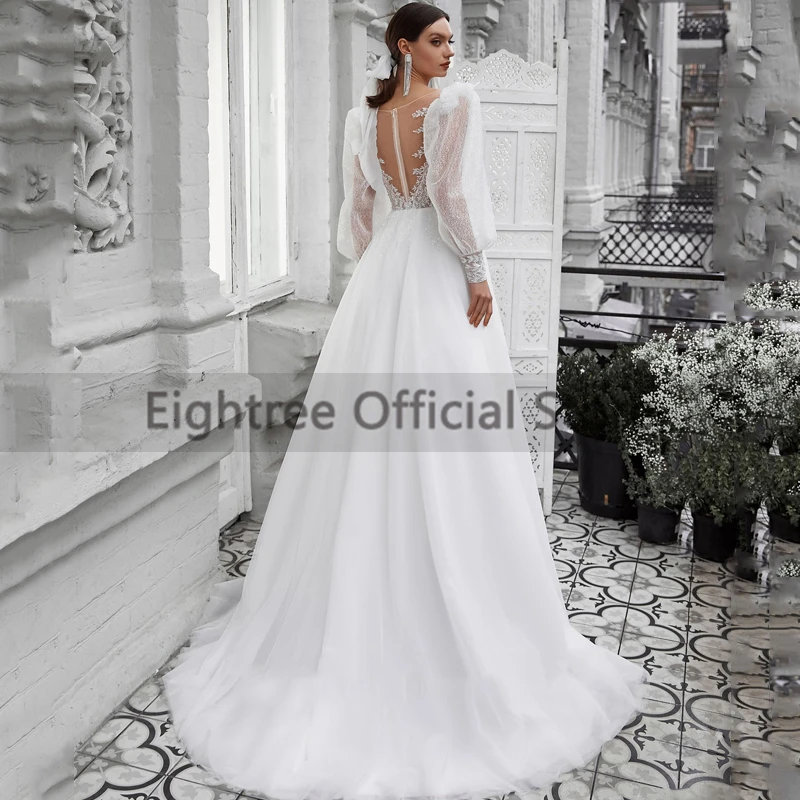 Eightree abiti da sposa Boho bianchi scollo a v Glitter Tulle A-Line abito da sposa principessa Applique abito da sposa senza schienale su misura