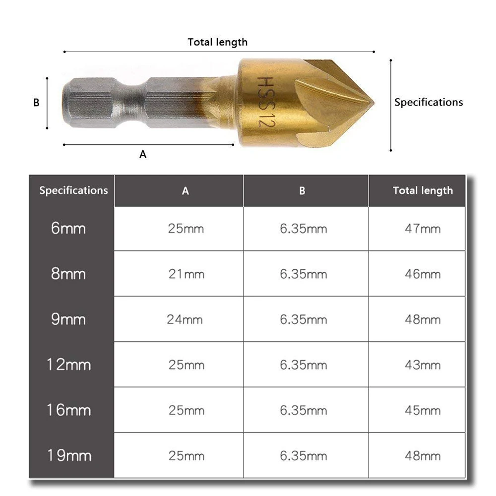 Cutter Countersink Bit Metal Countersink Drill Bit 6-19mm Wood Working 6Pc Chamfer Screw Hole 1/4