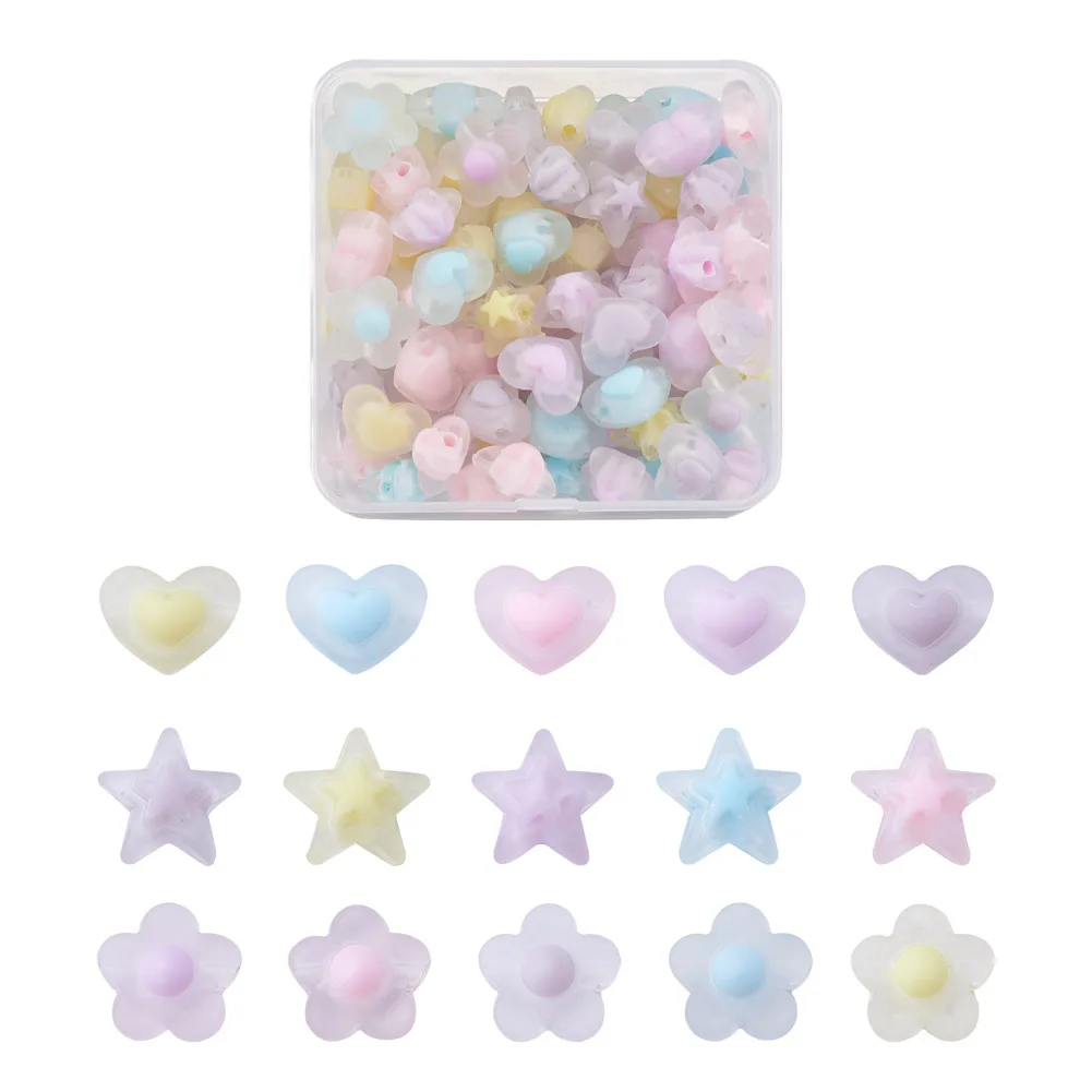 

90Pcs 3 Styles Transparent Acrylic Beads Frosted DIY Accessories Clear Heart Star Flower Mixed Color 13x17x9.5mm