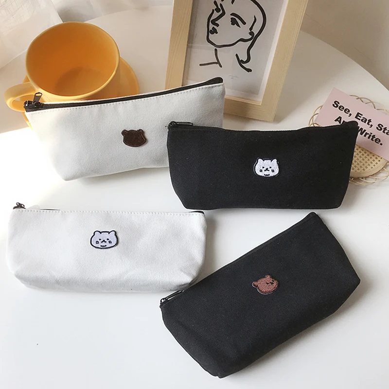 Embroidered Canvas Cute Pencil Bag Korean Storage Case Pretty Stationery Pen Bag