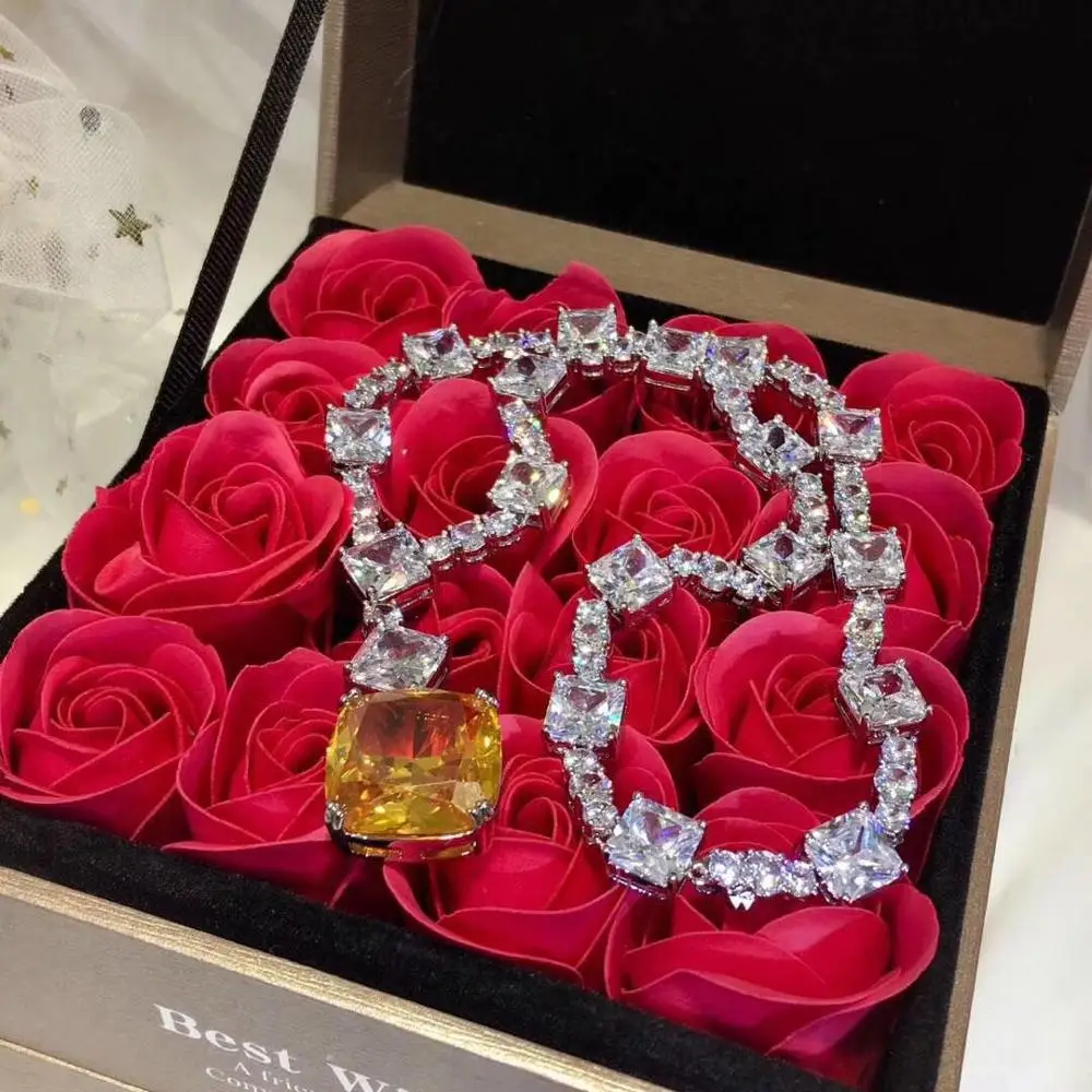 Hibride Luxury Trendy Wedding Necklace For Women Yellow Stone Full Cubic Zirconia Bridal Jewelry pendientes mujer moda N-878