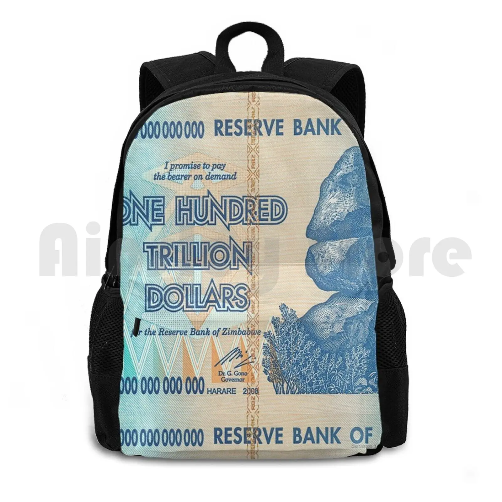 One Hundred Trillion Dollars-Vintage Bank Of Zimbabwe Bank Note Outdoor Hiking Backpack Riding Climbing Sports Bag Trillion