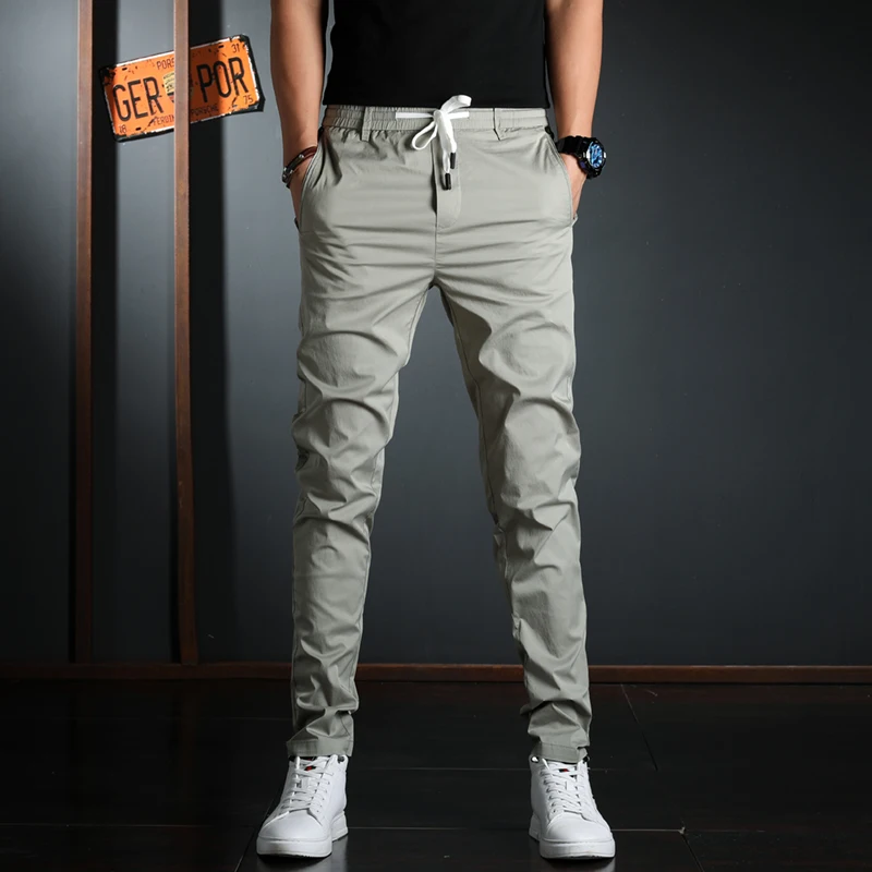 Men's Black Casual Pants Summer Korean Style Lightweight Slim Fit Trousers 4 Colors