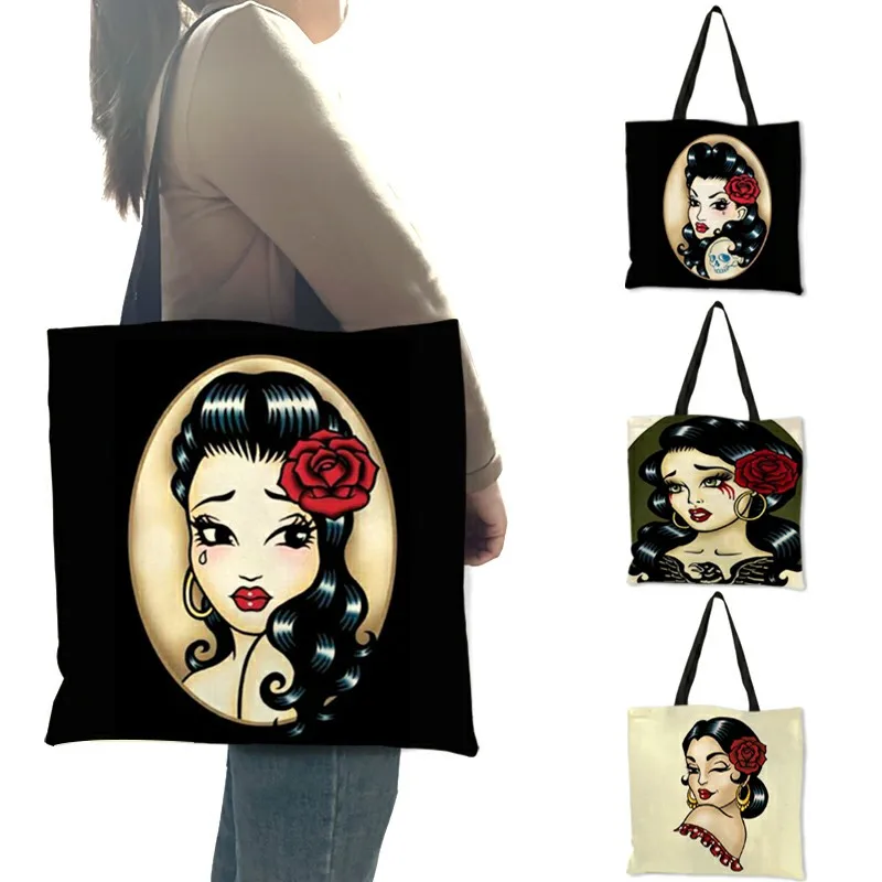 Eco Linen Reusable Shopping Bag  Peronalized Skull Girl Print Women Handbags 2019 New Design Totes B06085