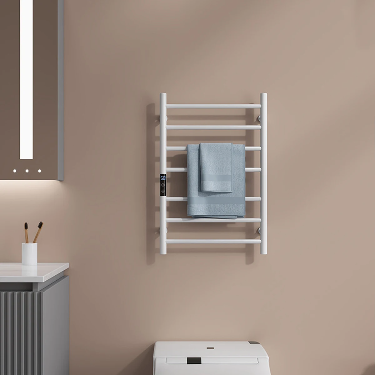 Scaldasalviette da bagno portasciugamani elettrico 45 ° ~ 70 acciaio inossidabile controllo della temperatura e del tempo portasciugamani riscaldato a casa intelligente 80W IPX5