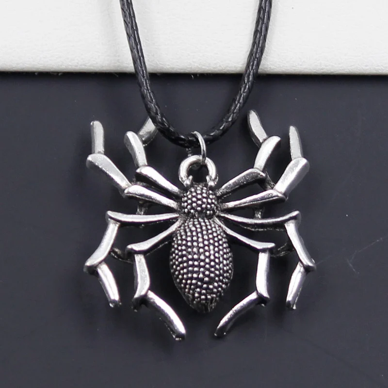 New Durable Black Faux Leather Cord Choker Spider Halloween Charm DIY Necklace Boho Tibetan Silver Color Pendant Dropshipping
