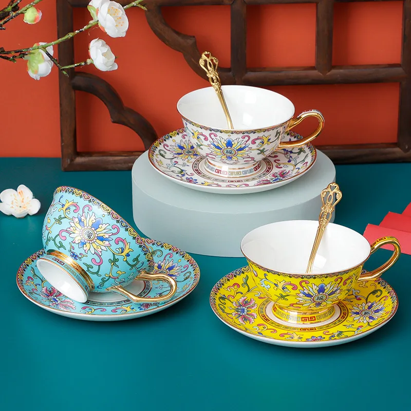 

Creative retro enamel bone china coffee cup ceramic cup afternoon tea cup luxury gold coffee cup set