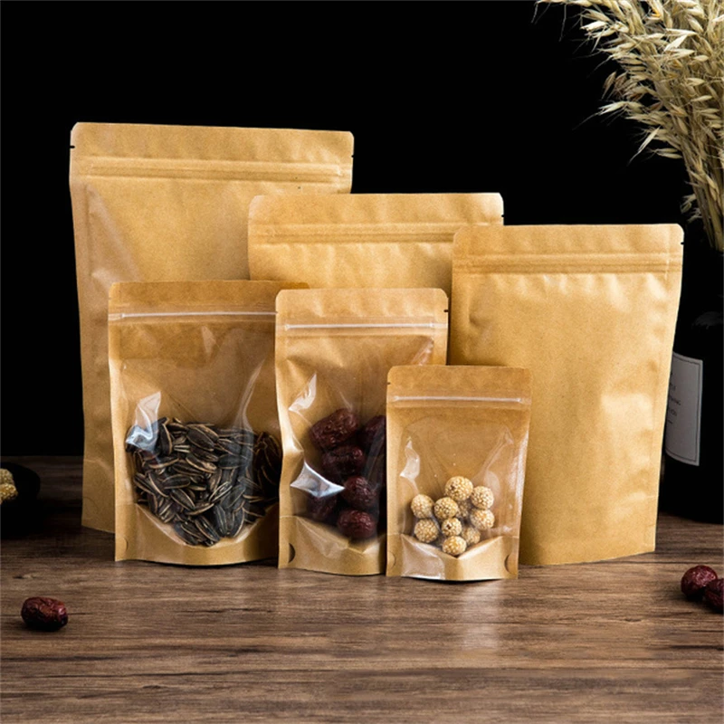 50Pcs Kraft Food Packaging Ziplock Bag With Transparent Window Stand Up Kitchen Coffee Beans Nut Cookies Storage Reclosable