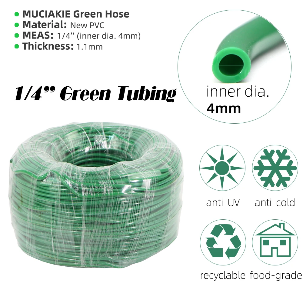 MUCIAKIE 10-70m 1/4'' Green Garden Watering Irrigation Hose New PVC Water Tubing Micro Drip Pipe for Irrgation System 4/7mm Hose