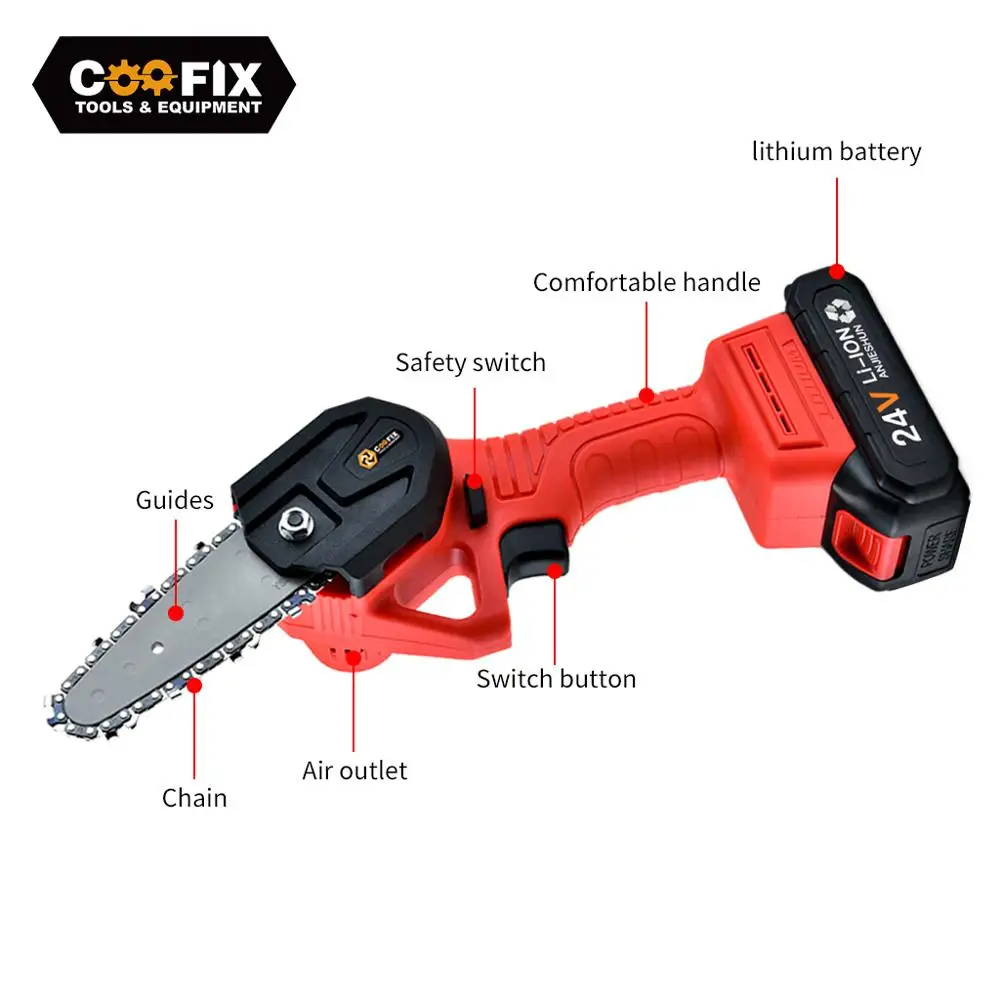 Scie à chaîne sans fil 24V 4 pouces, Mini scie à main Portable, outil de jardinage pour le travail du bois, outil de coupe électrique