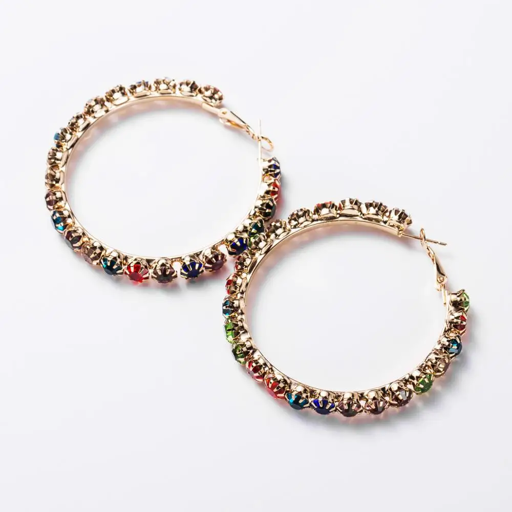 TREAZY New Multicolor Rhinestone Big Hoop Earrings for Women Wedding Party Jewelry Trendy Crystal Celebrity Statement Earrings
