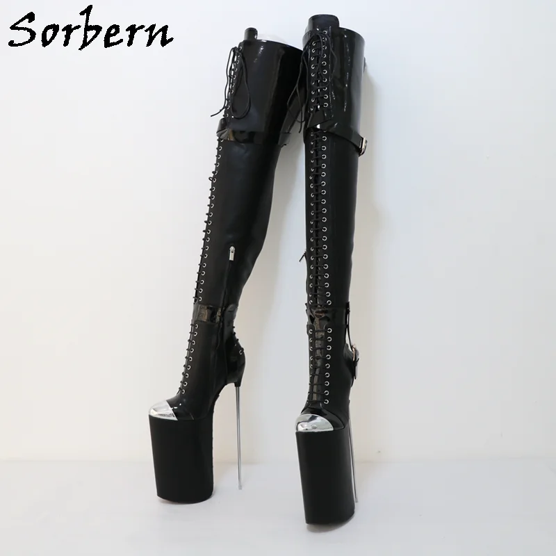 Sorbern 30Cm Metal High Heel Boots Unisex Crotch Thigh High 75Cm Real Leather Women Long Platform Boots Half Zipper