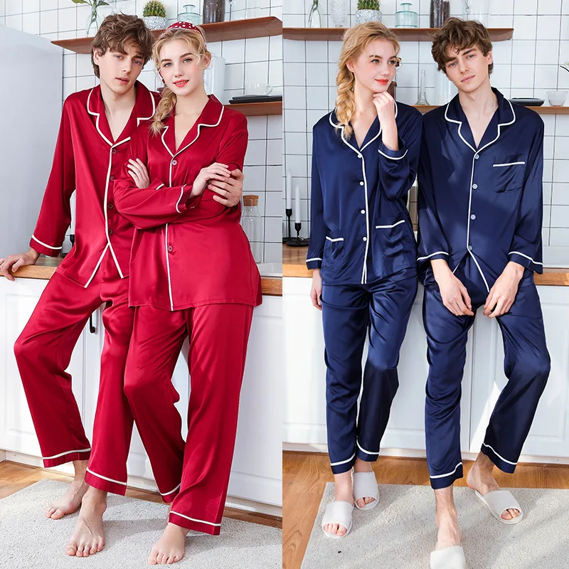 Lovers Silk Pajamas Long Sleeve Spring Men And Women Ice Silk Novelty Home Service Suits Summer Matching Home Wear 2PCS 