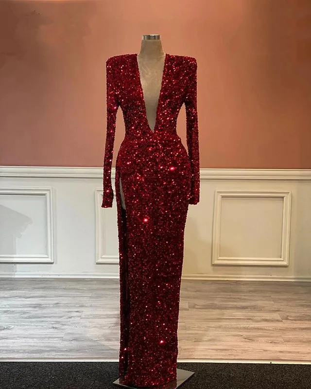 Sexy V-hals Slit Avondjurken Lange Mouwen Bourgondië Sequin Afrikaanse Zwarte Meisjes Robe De Soiree Vestidos Prom Party Gown