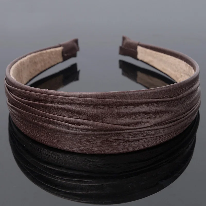 Navy black brown 4.0cm wrinkles leather Covered Plastic headbands for women girls Large Crease PU leather hair Hoops hairbands