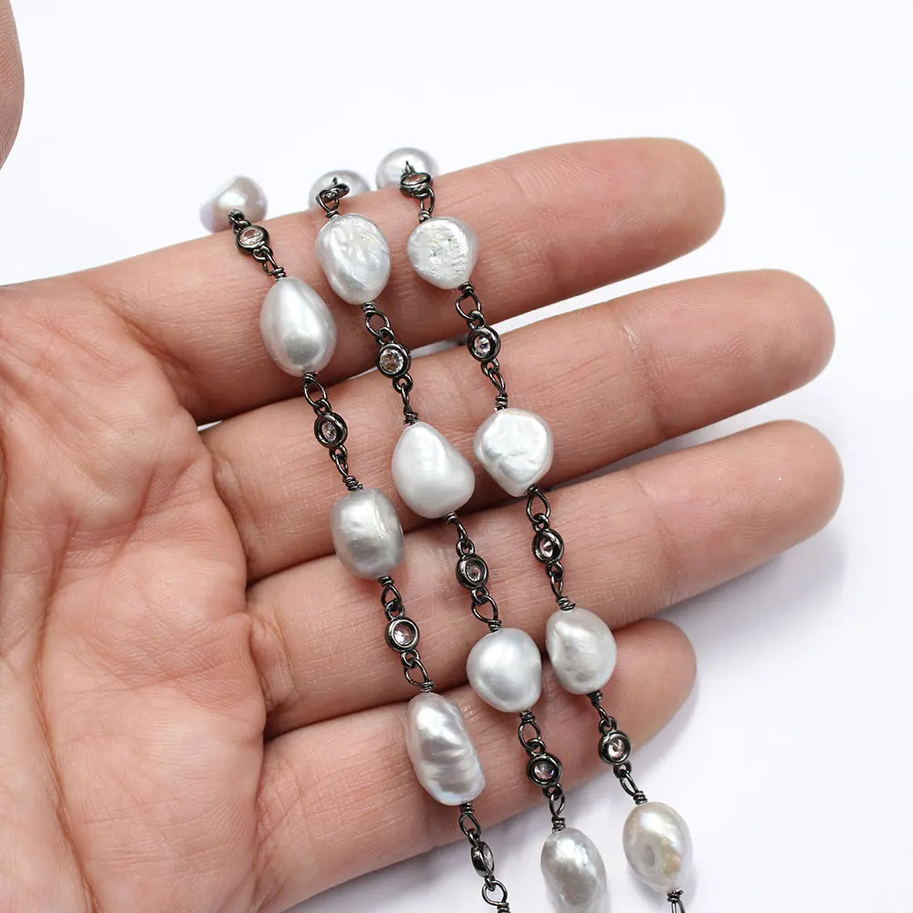 

APDGG 1 Meter 11mm Gray Keshi Pearl CZ Gunmetal color Copper Fashion Bezel Set Chain Paperclip Neck Chain Pearl Necklace Making