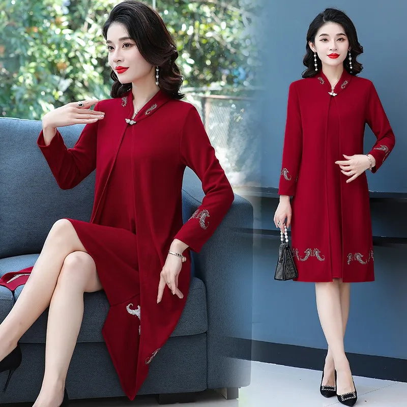 Middle-aged Mother Autumn and Winter Women's Bress Women's Clothing Vestidos Fake two Western Style Jacket Feast dress