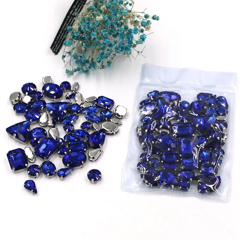 Clothing accessories mixed shape Royalblue glass crystal sewing rhinestones with silver base for dress/garment/shoes