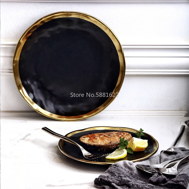 European Style Gold Side Black Plate Retro Tableware Matte Steak Dish Dessert Tray Kitchen Dinner Plates Ceramic Dishes Plates