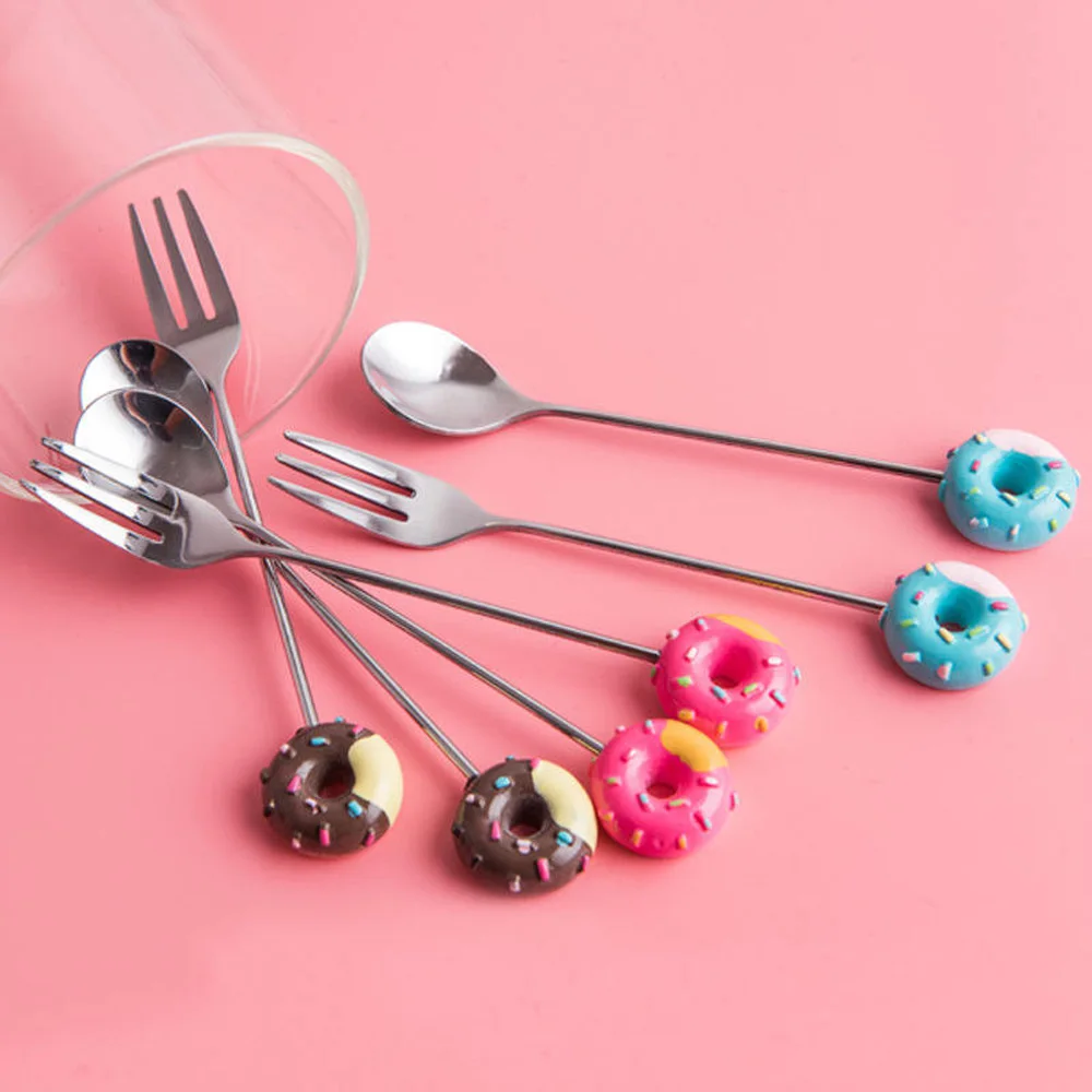 

Dessert Spoon Fork Lovely Donut Decor Stainless Steel Coffee Ice Cream Spoon Kitchen Flatware Kids Dinnerware High Quality