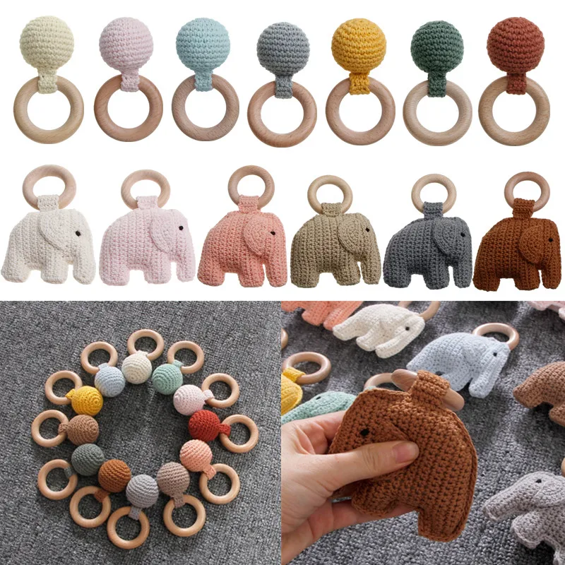 1pc Häkeln Elefanten Baby Beißring BPA FREI Buche Holz Zahnen Ring Neugeborenen Schnuller Molaren Spielzeug Beruhigende Sinnes Pädagogisches Spielzeug