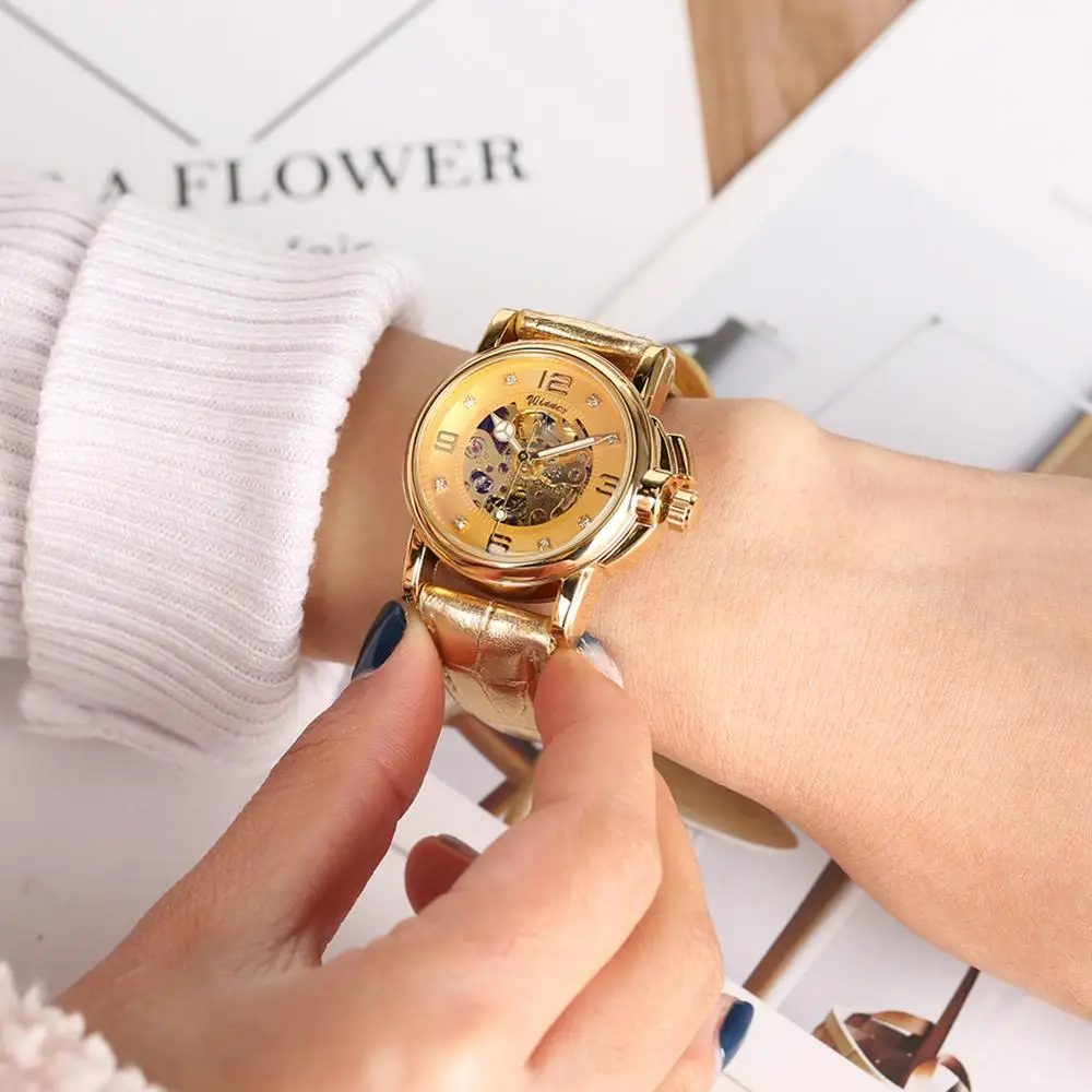 Reloj mecánico automático para mujer, reloj de pulsera con esqueleto, ahuecado, bobinado automático