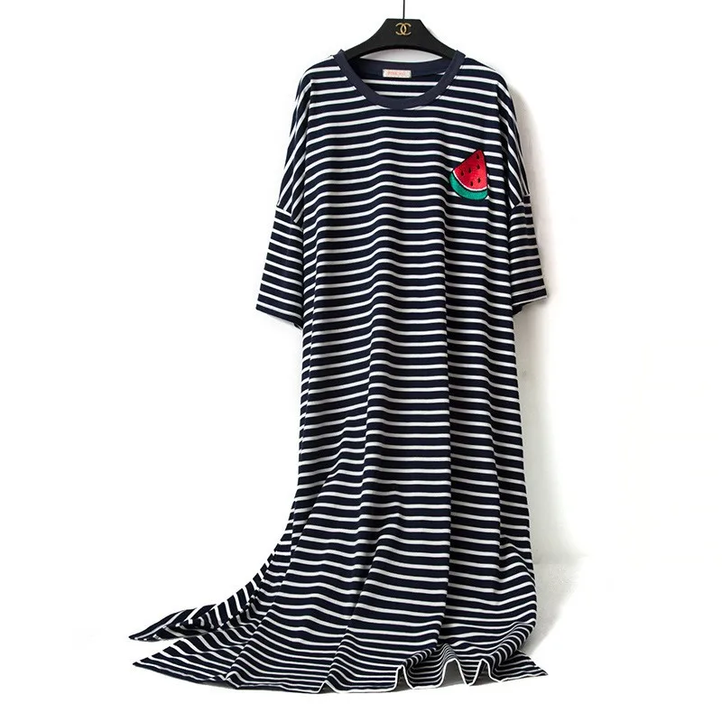 Cotton Striped Long Nightgown Big Size Women Short Sleeve Nightdress Homewear Casual Lounge Home Gown Summer New Sleepwear