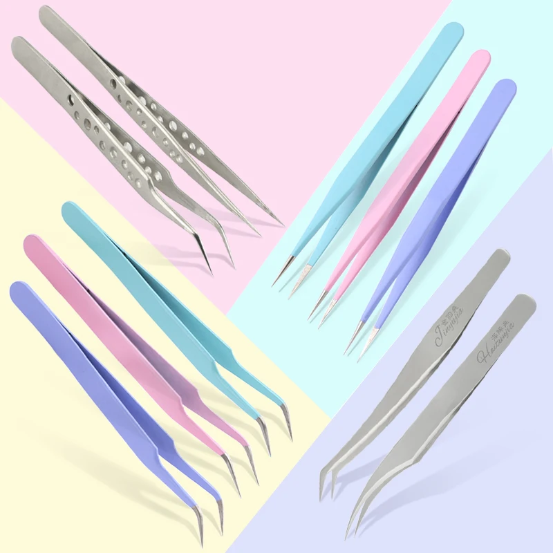 TOP quality Stainless Steel Tweezers rainbow color Straight Bend ESD Multifunction eyelash tweezers for nail sewing DIY