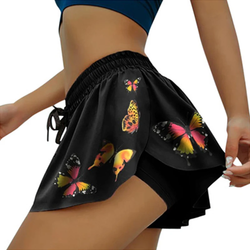 

Летние женские шорты для бега 2 в 1 с оборками в виде ягодиц, быстросохнущая фальшивая юбка, сексуальные короткие штаны для тренировок в тренажерном зале, модные шорты для йоги