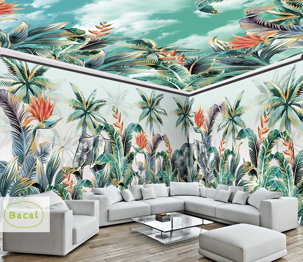 Bacal Custom 3D Mural Wallpaper Tropical Rainforest Banana Leaf Photo Background Wall Murals Ceiling Handpaint Wallpaper Modern