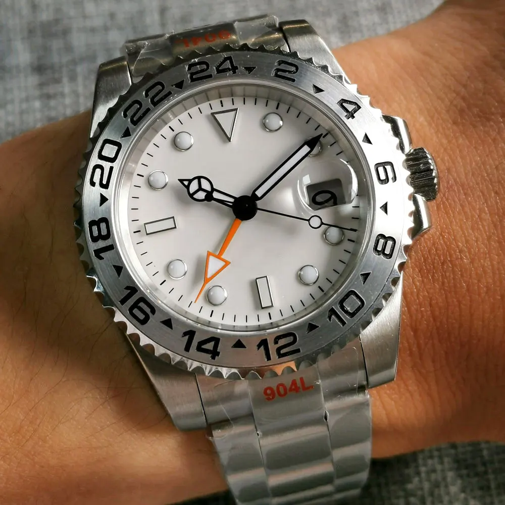 40mm Business Orange GMT Selfwinding Men Watch White Dial Alloy Silver Insert Oyster Band Glide Lock Clasp