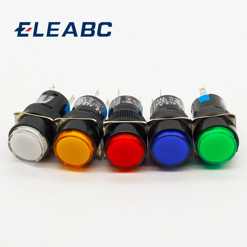 16mm DC 6V 12V 24V 220V LED Push Button Switch Blue Green Red Yellow White lamp Fixed Pushbutton Switches Latching Push On Start