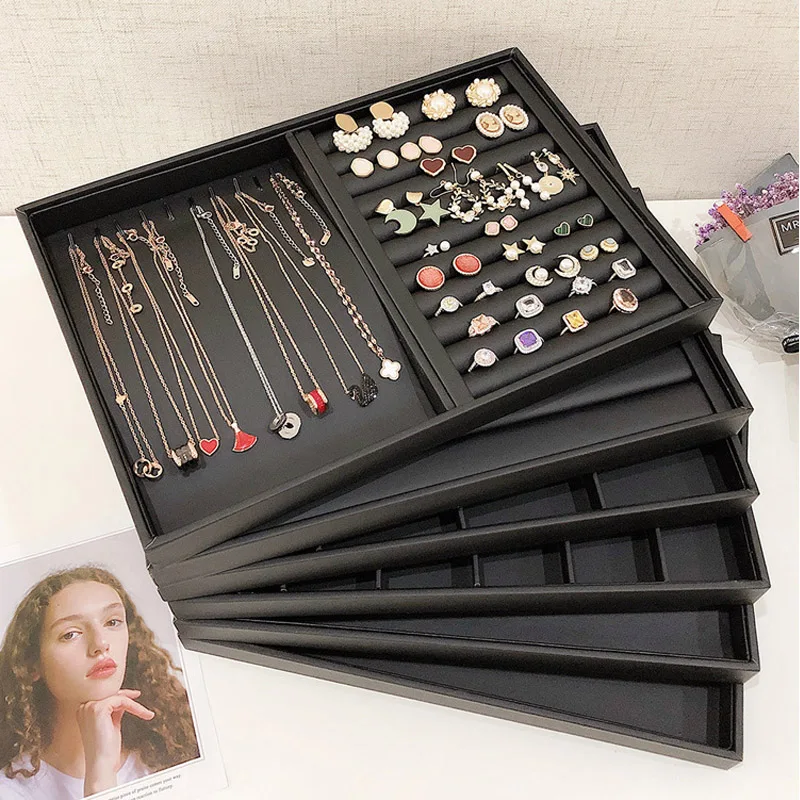 

Classic Black PU Leather Jewelry Disply Jewellery Organizer Hairpin Storage Box Necklace Ring Earring Holder Jewelry Tray Series