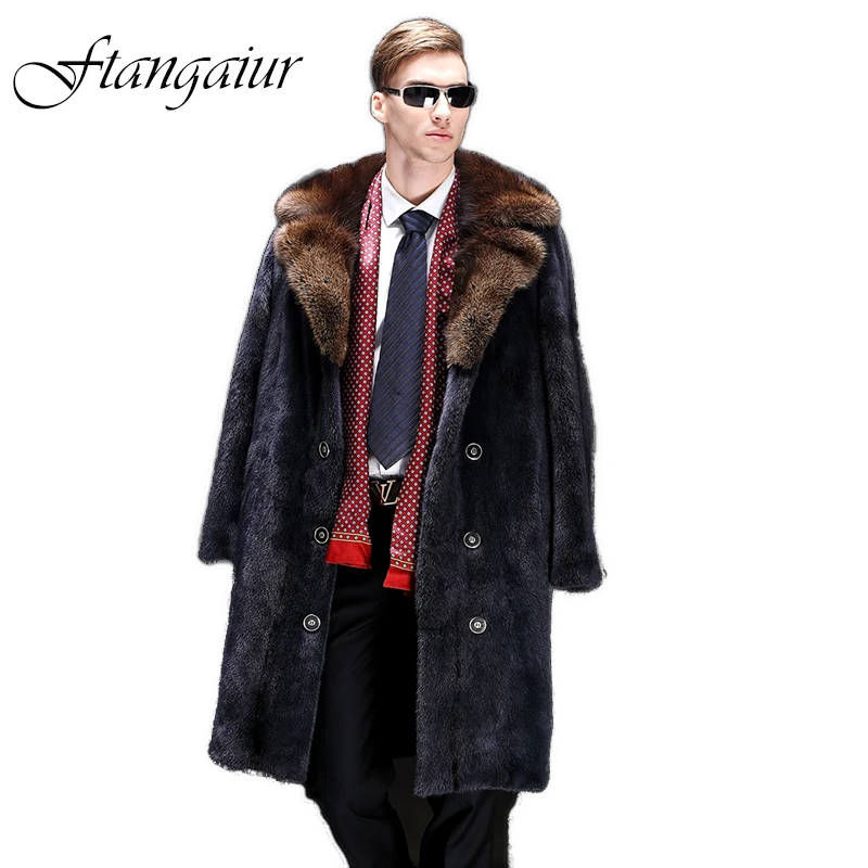 Ftangaiur Winter Men USA Import Velvet Mink Fur Coat Turn-Down Collar Mink Coats Men's X-Long Smart Natural Real Mink Coats