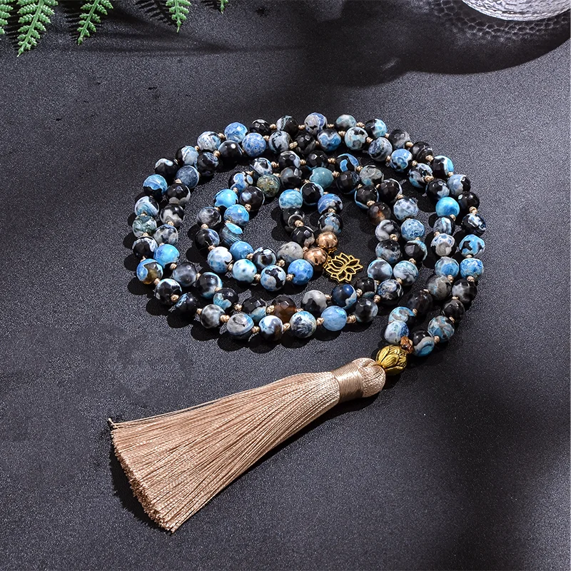 

8mm Fire Agate Beaded Mala Necklace Meditation Yoga Blessing Spirit Jewelry Set 108 Japamala Rosary Women Fashion Necklace