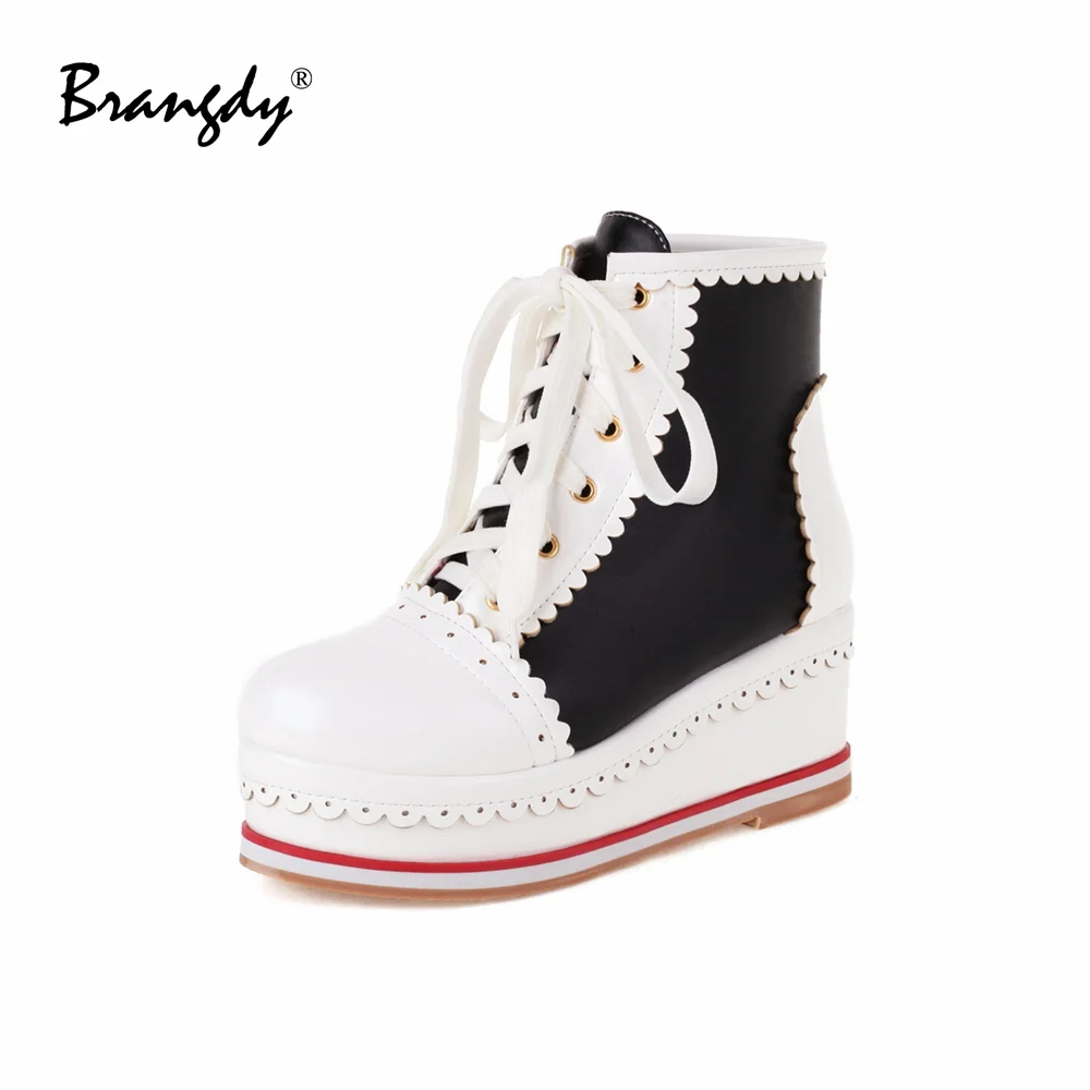 

Brangdy Classical Women Ankle Boots PU Platform Round Toe Women Lolita Shoes Lace Splicing Lady Summer Outdoor Boots Hidden Heel