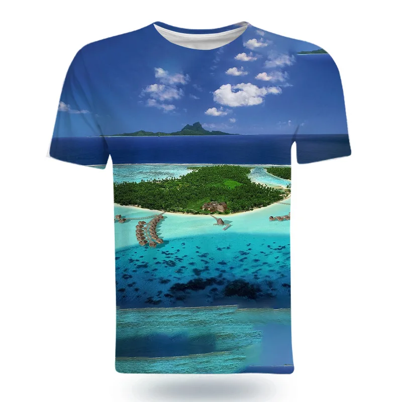 Fashion Coastal natural scenery graphic t shirts Summer style 3D Print Men t-shirt Casual Interesting short sleeve t-shirts Tops