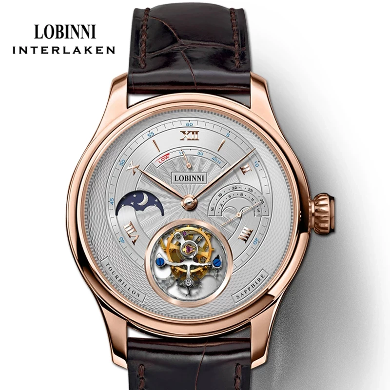 LOBINNI جديد حافظة ذهبية وردية مرحلة القمر ساعة ميكانيكية متعددة الوظائف توربيون حقيقي ساعة رجالية زجاج الياقوت ساعة مقاومة للماء