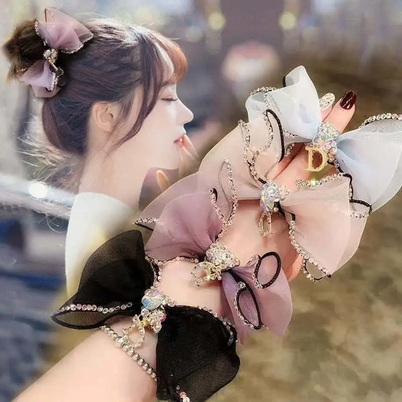 

Luxury Shiny Diamond Silk Elastic Hair bands Clips For Women Gold-rimmed Pearl Scrunchie Hair Accessories Lady's Ponytail Holder