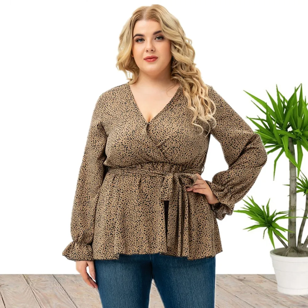 2021 outono nova venda quente estilo europeu e americano plus size topos com decote em v camisa de manga queimado para mulher