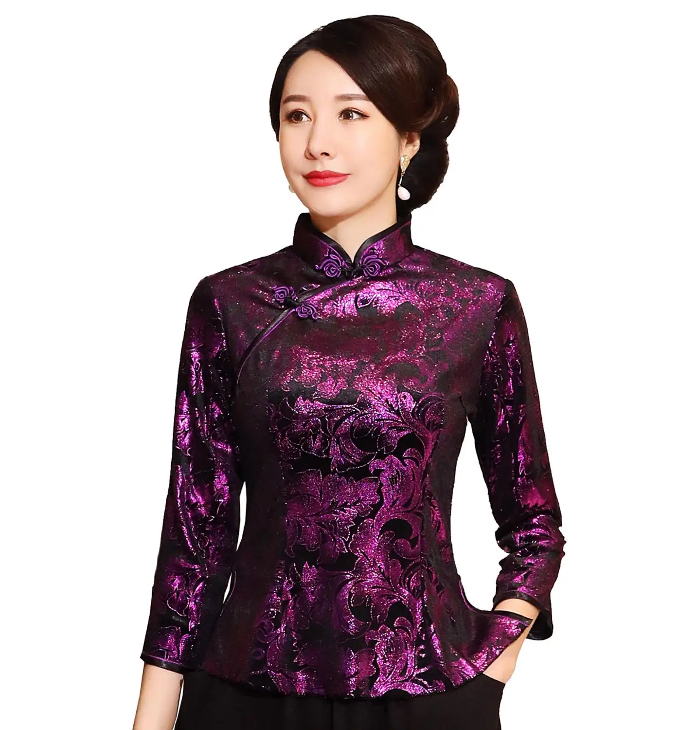 Shanghai Story Chinese Button Woman\'s Shirt chinese traditional top 3/4 Sleeve cheongsam top Velvet traditional Chinese blouse