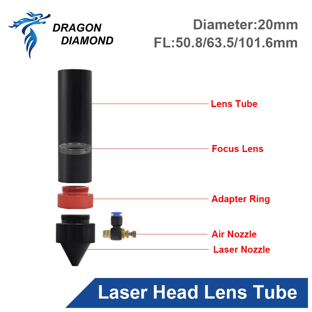 CO2 Laser Head Lens Tube + Air Nozzle Outer Diameter 25mm for Lens Dia.20 FL 50.8/63.5/101.6mm for CO2 Laser Cutting Machine