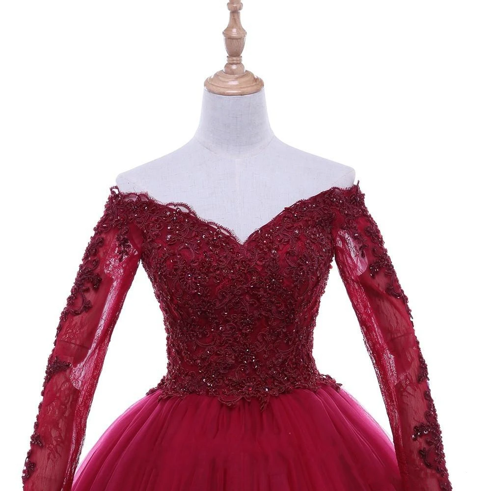 2021 Wine Red Ball Gowns Prom Dress For Sweet 16 Off The Shoulder Illusion Long Sleeve Lace Beaded Sequins Graduation Dress