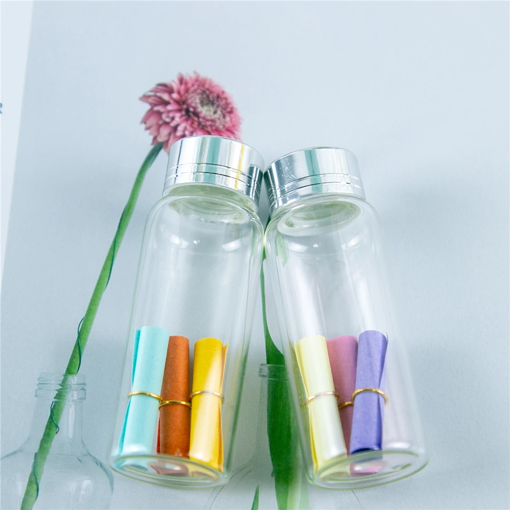 50Pcs 25ml Transparent Bayonet Glass Bottles Spiral Plastic Cap with Silver Tangent Mini Craft Vials Refillable Candy Food Pot