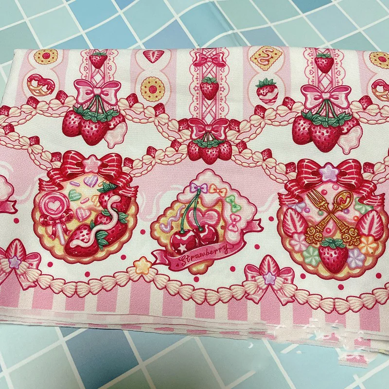 24X148cm Lolita Strawberry Biscuit Four Way Stretch Polyester Fabric for Girl Summer Dress Skirt Blouse Pants DIY